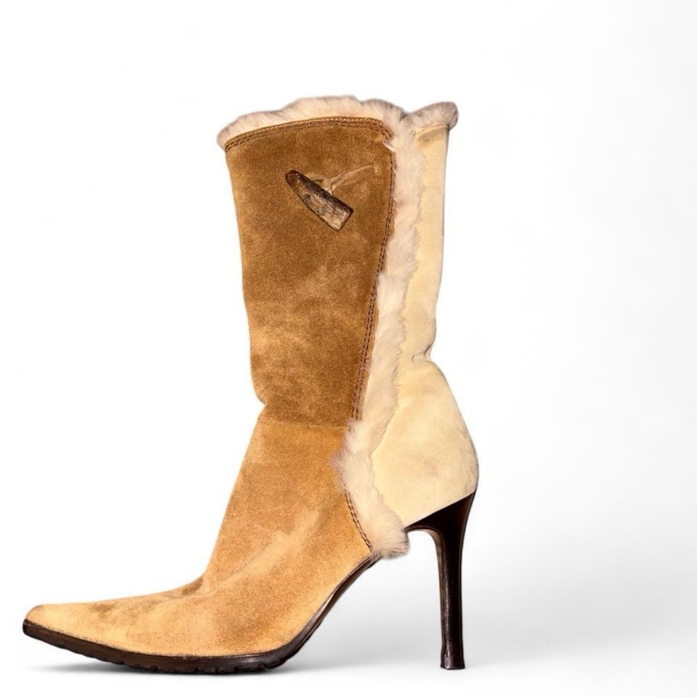 Vicini Vintage Italian Suede Shearling Pointed Toe Calf Length Heeled Boots 39.5